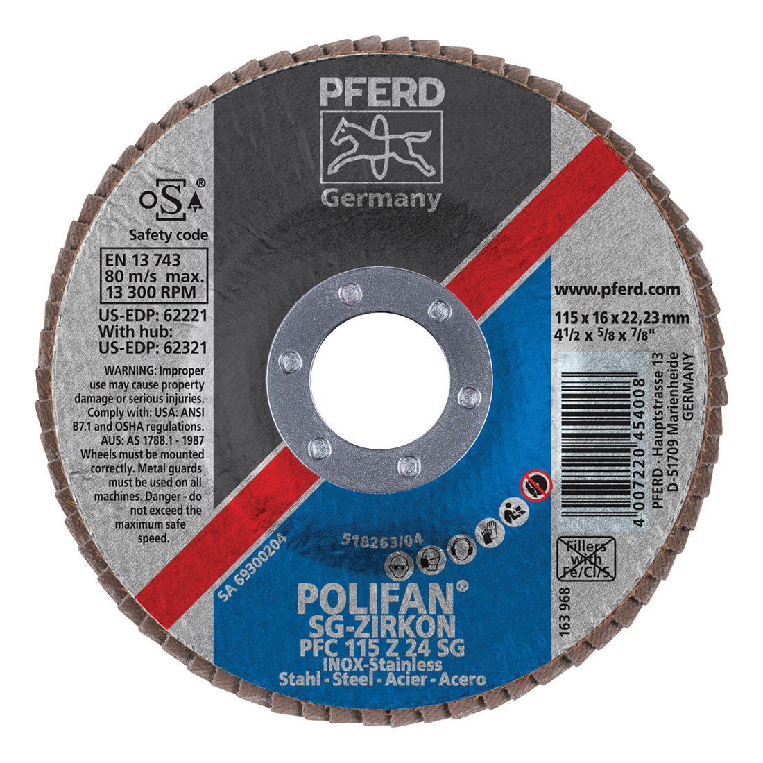 PFERD Polifan® 62221 Performance Line SG Z Unthreaded Coated Abrasive Flap Disc, 4-1/2 in Dia, 7/8 in Center Hole, 24 Grit, Zirconia Alumina Abrasive, Type 29 Conical Disc