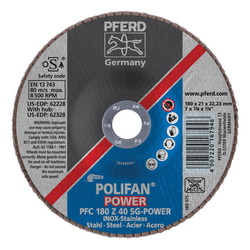 PFERD Polifan® 62228 Performance Line SG Z-Power Unthreaded Coated Abrasive Flap Disc, 7 in Dia, 7/8 in Center Hole, 40 Grit, Zirconia Alumina Abrasive, Type 29 Conical Disc