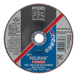 PFERD Polifan® 62229 Performance Line SG Z-Power Unthreaded Coated Abrasive Flap Disc, 7 in Dia, 7/8 in Center Hole, 60 Grit, Zirconia Alumina Abrasive, Type 29 Conical Disc