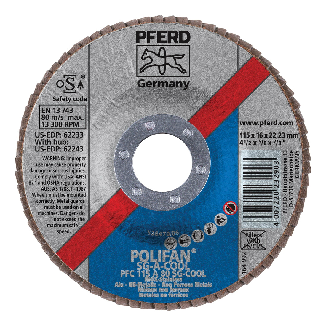 PFERD Polifan® 62233 Performance Line SG A-COOL Unthreaded Coated Abrasive Flap Disc, 4-1/2 in Dia, 7/8 in Center Hole, 80 Grit, Aluminum Oxide Abrasive, Type 29 Conical Disc