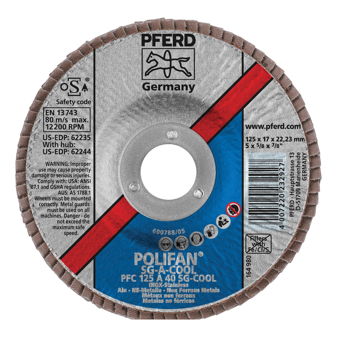 PFERD Polifan® 62235 Performance Line SG A-COOL Unthreaded Coated Abrasive Flap Disc, 5 in Dia, 7/8 in Center Hole, 40 Grit, Aluminum Oxide Abrasive, Type 29 Conical Disc