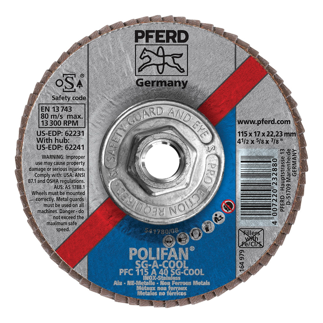 PFERD Polifan® 62241 Performance Line SG A-COOL Threaded Coated Abrasive Flap Disc, 4-1/2 in Dia, 40 Grit, Aluminum Oxide Abrasive, Type 29 Conical Disc