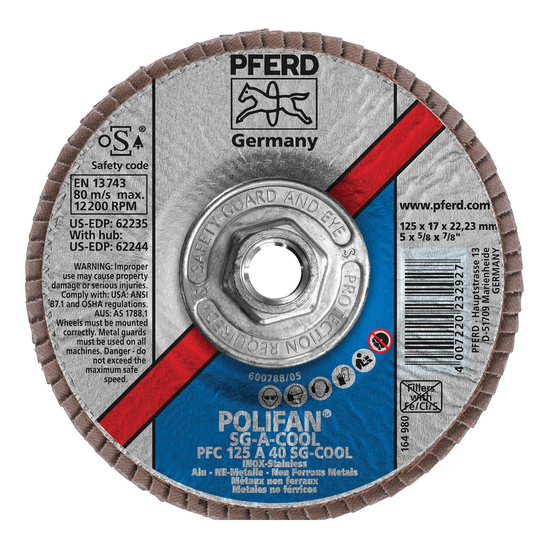 PFERD Polifan® 62244 Performance Line SG A-COOL Threaded Coated Abrasive Flap Disc, 5 in Dia, 40 Grit, Aluminum Oxide Abrasive, Type 29 Conical Disc