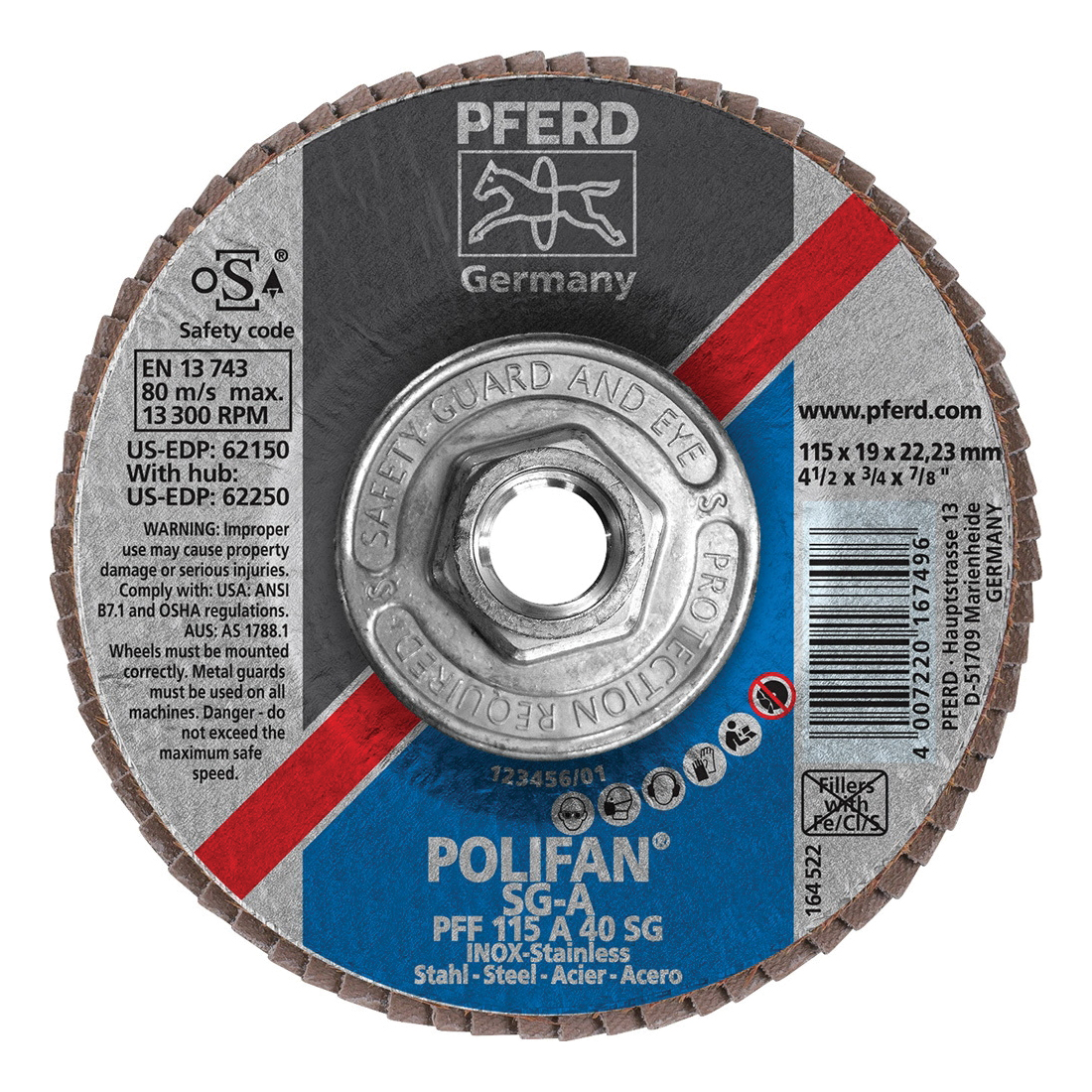 PFERD Polifan® 62250 Performance Line SG A Threaded Coated Abrasive Flap Disc, 4-1/2 in Dia, 40 Grit, Aluminum Oxide Abrasive, Type 27 Flat Disc