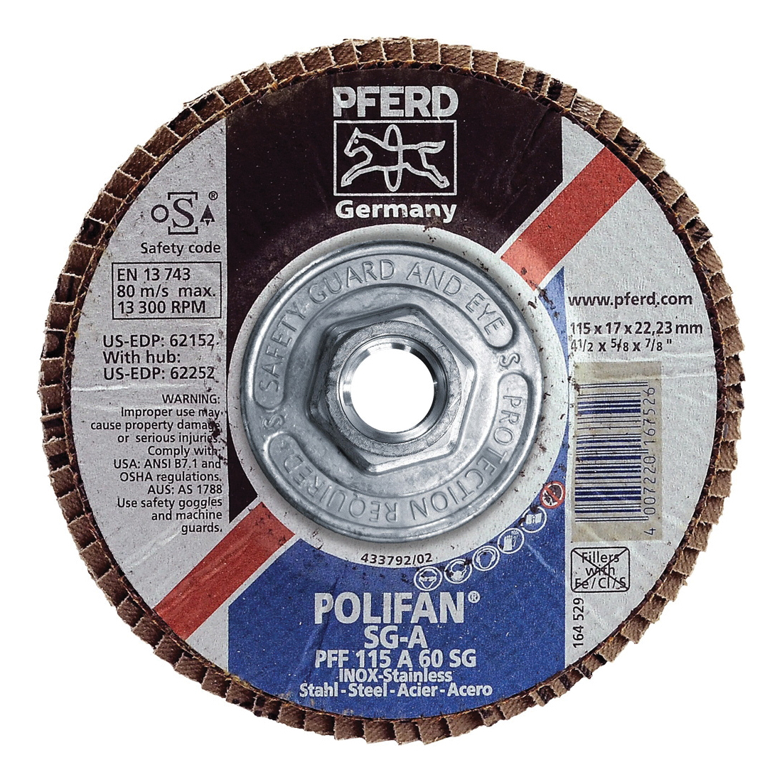 PFERD Polifan® 62252 Performance Line SG A Threaded Coated Abrasive Flap Disc, 4-1/2 in Dia, 60 Grit, Aluminum Oxide Abrasive, Type 27 Flat Disc