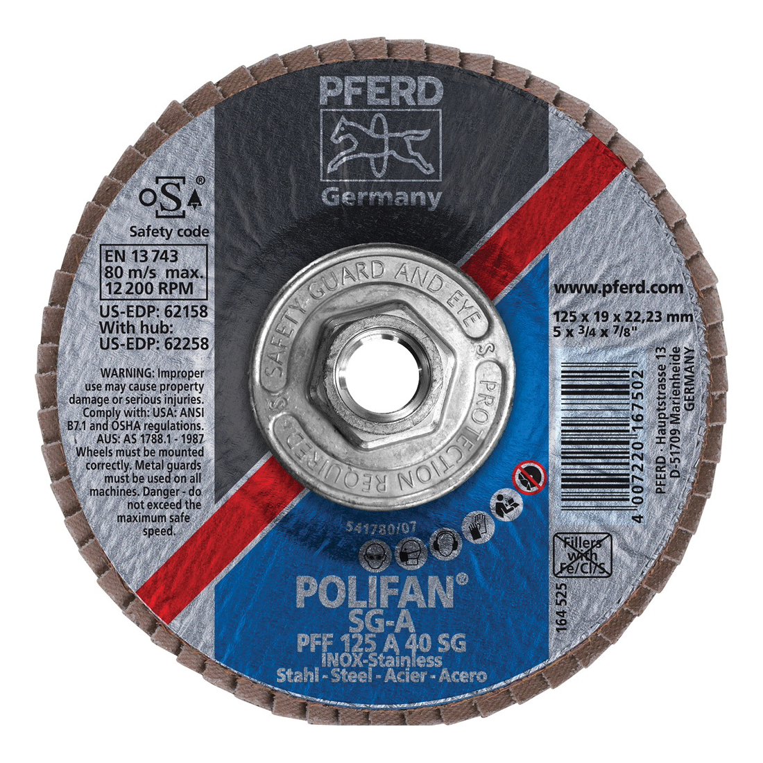 PFERD Polifan® 62258 Performance Line SG A Threaded Coated Abrasive Flap Disc, 5 in Dia, 40 Grit, Aluminum Oxide Abrasive, Type 27 Flat Disc