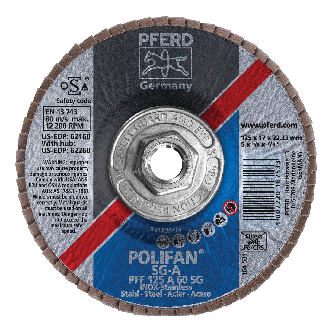 PFERD Polifan® 62260 Performance Line SG A Threaded Coated Abrasive Flap Disc, 5 in Dia, 60 Grit, Aluminum Oxide Abrasive, Type 27 Flat Disc