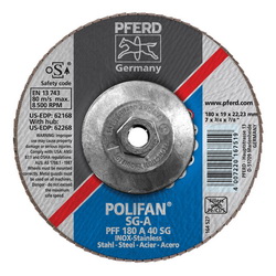 PFERD Polifan® 62268 Performance Line SG A Threaded Coated Abrasive Flap Disc, 7 in Dia, 40 Grit, Aluminum Oxide Abrasive, Type 27 Flat Disc