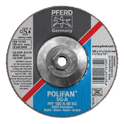 PFERD Polifan® 62270 Performance Line SG A Threaded Coated Abrasive Flap Disc, 7 in Dia, 60 Grit, Aluminum Oxide Abrasive, Type 27 Flat Disc