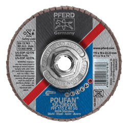 PFERD Polifan® 62276 Performance Line SG Z Threaded Coated Abrasive Flap Disc, 4-1/2 in Dia, 40 Grit, Zirconia Alumina Abrasive, Type 27 Flat Disc