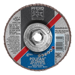 PFERD Polifan® 62278 Performance Line SG Z Threaded Coated Abrasive Flap Disc, 4-1/2 in Dia, 60 Grit, Zirconia Alumina Abrasive, Type 27 Flat Disc