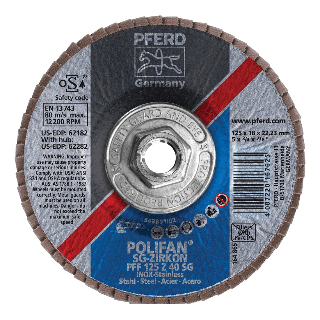 PFERD Polifan® 62282 Performance Line SG Z Threaded Coated Abrasive Flap Disc, 5 in Dia, 40 Grit, Zirconia Alumina Abrasive, Type 27 Flat Disc