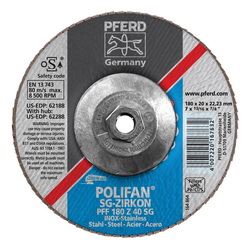 PFERD Polifan® 62288 Performance Line SG Z Threaded Coated Abrasive Flap Disc, 7 in Dia, 40 Grit, Zirconia Alumina Abrasive, Type 27 Flat Disc