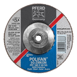 PFERD Polifan® 62290 Performance Line SG Z Threaded Coated Abrasive Flap Disc, 7 in Dia, 60 Grit, Zirconia Alumina Abrasive, Type 27 Flat Disc