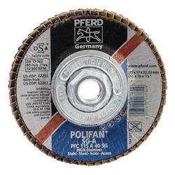 PFERD Polifan® 62302 Performance Line SG A Threaded Coated Abrasive Flap Disc, 4-1/2 in Dia, 40 Grit, Aluminum Oxide Abrasive, Type 29 Conical Disc