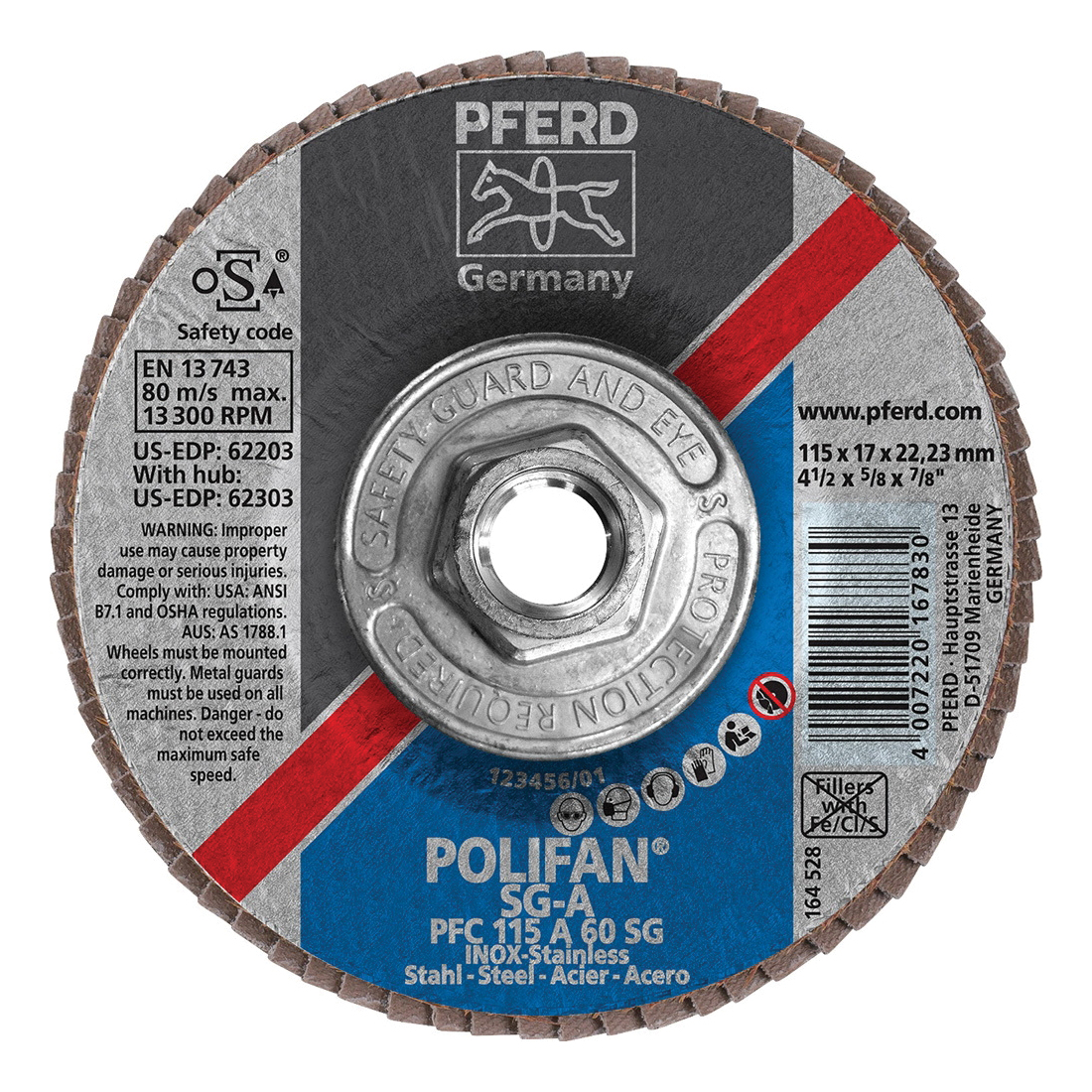 PFERD Polifan® 62303 Performance Line SG A Threaded Coated Abrasive Flap Disc, 4-1/2 in Dia, 60 Grit, Aluminum Oxide Abrasive, Type 29 Conical Disc
