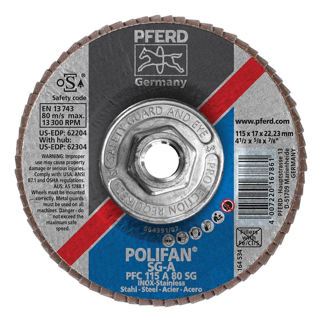 PFERD Polifan® 62304 Performance Line SG A Threaded Coated Abrasive Flap Disc, 4-1/2 in Dia, 80 Grit, Aluminum Oxide Abrasive, Type 29 Conical Disc