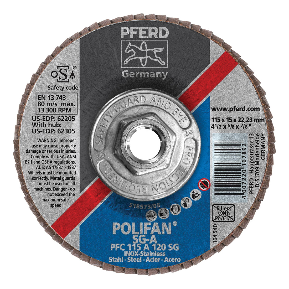 PFERD Polifan® 62305 Performance Line SG A Threaded Coated Abrasive Flap Disc, 4-1/2 in Dia, 120 Grit, Aluminum Oxide Abrasive, Type 29 Conical Disc