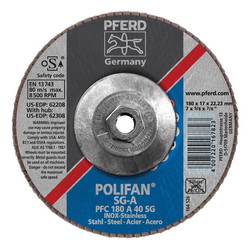 PFERD Polifan® 62308 Performance Line SG A Threaded Coated Abrasive Flap Disc, 7 in Dia, 40 Grit, Aluminum Oxide Abrasive, Type 29 Conical Disc
