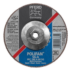 PFERD Polifan® 62309 Performance Line SG A Threaded Coated Abrasive Flap Disc, 7 in Dia, 60 Grit, Aluminum Oxide Abrasive, Type 29 Conical Disc