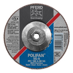 PFERD Polifan® 62310 Performance Line SG A Threaded Coated Abrasive Flap Disc, 7 in Dia, 80 Grit, Aluminum Oxide Abrasive, Type 29 Conical Disc