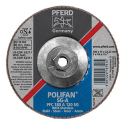 PFERD Polifan® 62311 Performance Line SG A Threaded Coated Abrasive Flap Disc, 7 in Dia, 120 Grit, Aluminum Oxide Abrasive, Type 29 Conical Disc