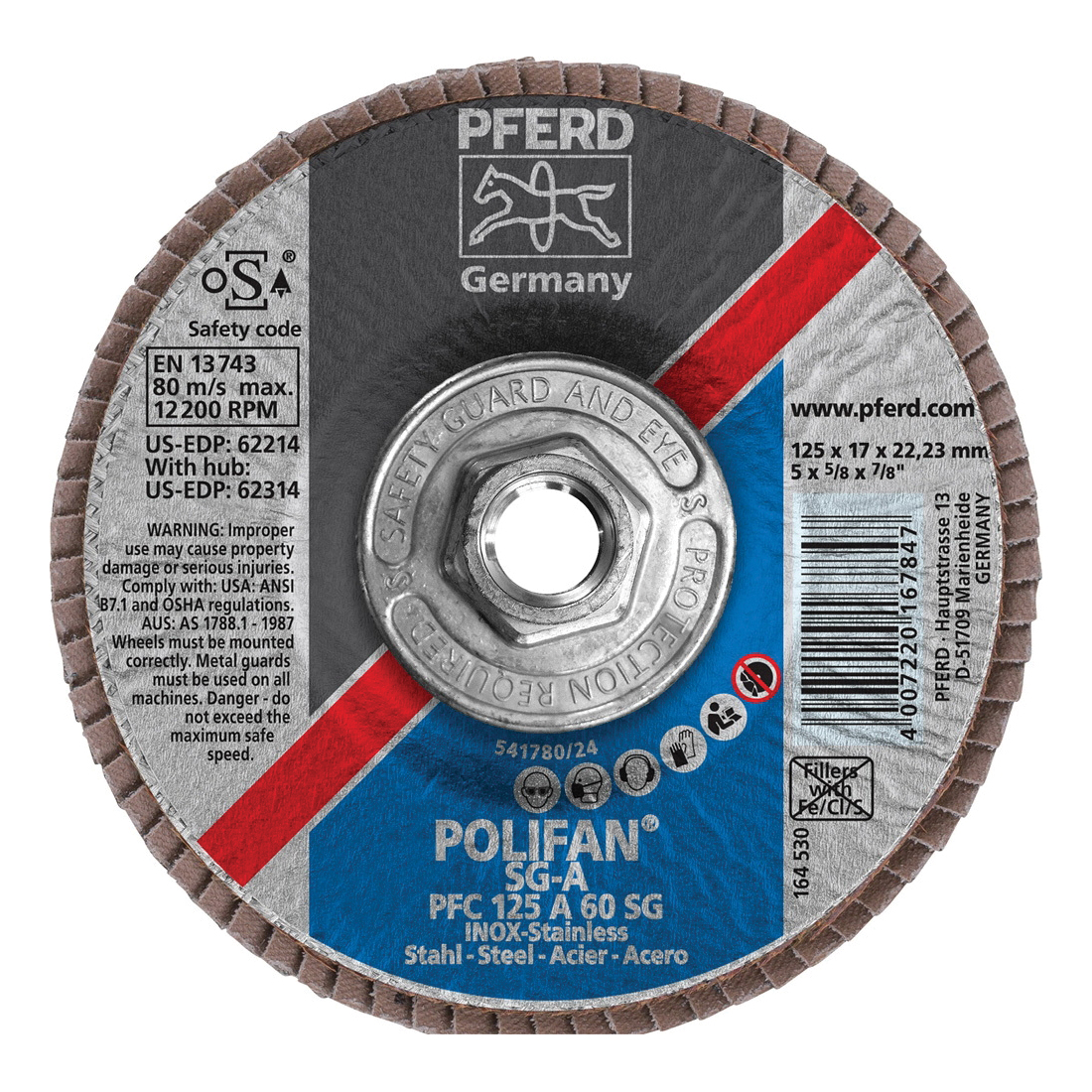 PFERD Polifan® 62314 Performance Line SG A Threaded Coated Abrasive Flap Disc, 5 in Dia, 60 Grit, Aluminum Oxide Abrasive, Type 29 Conical Disc