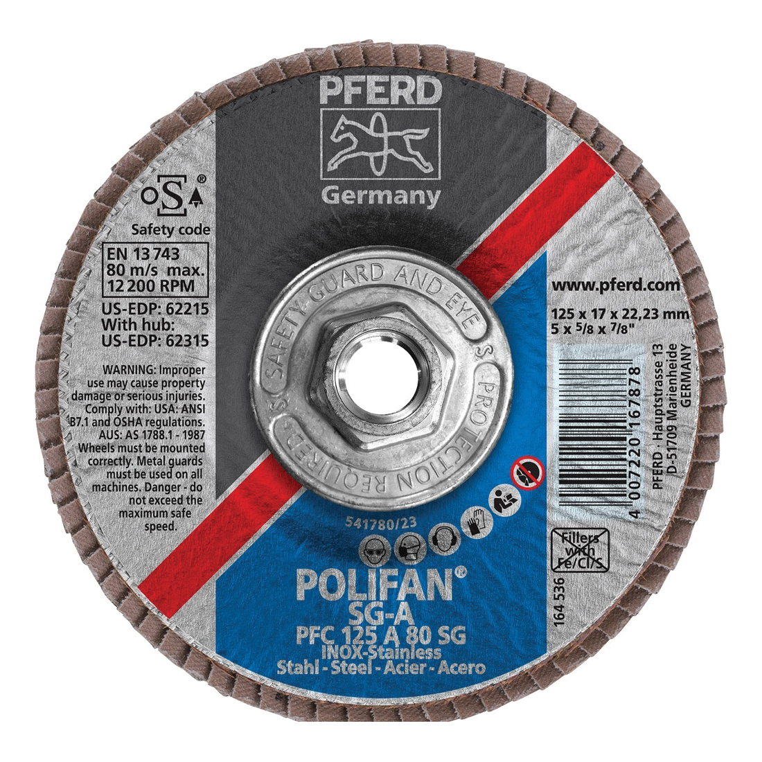 PFERD Polifan® 62315 Performance Line SG A Threaded Coated Abrasive Flap Disc, 5 in Dia, 80 Grit, Aluminum Oxide Abrasive, Type 29 Conical Disc