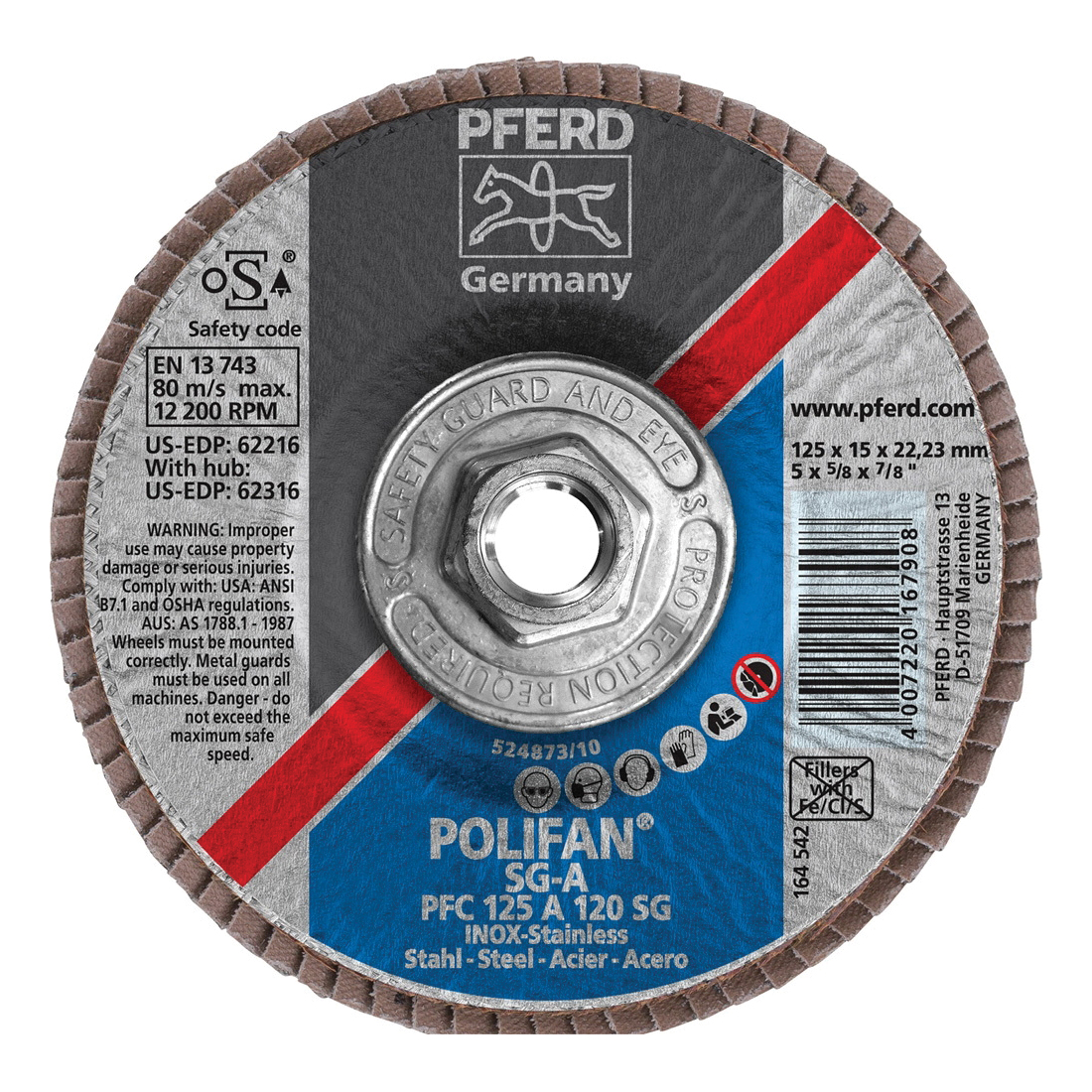 PFERD Polifan® 62316 Performance Line SG A Threaded Coated Abrasive Flap Disc, 5 in Dia, 120 Grit, Aluminum Oxide Abrasive, Type 29 Conical Disc