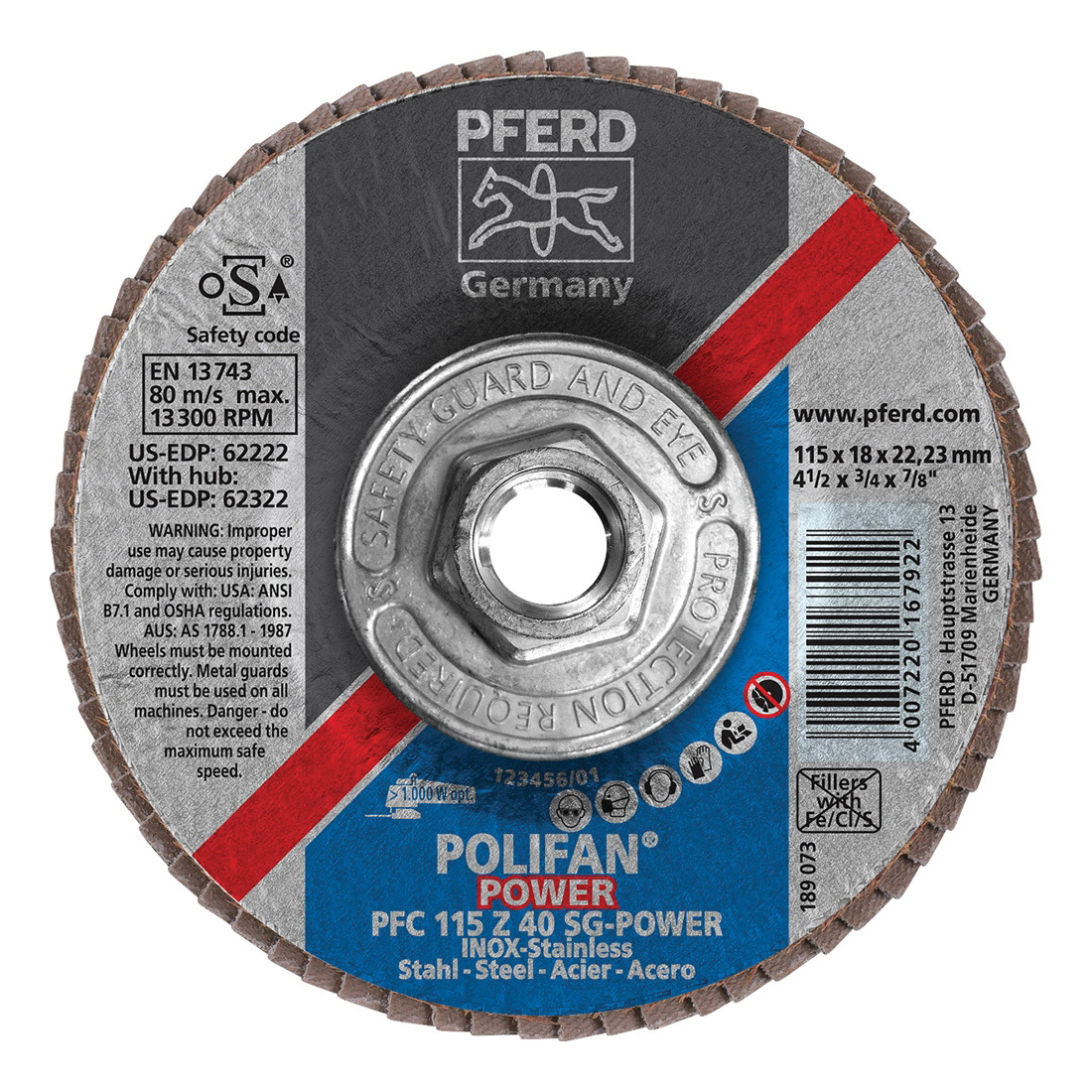 PFERD Polifan® 62322 Performance Line SG Z-Power Threaded Coated Abrasive Flap Disc, 4-1/2 in Dia, 40 Grit, Zirconia Alumina Abrasive, Type 29 Conical Disc