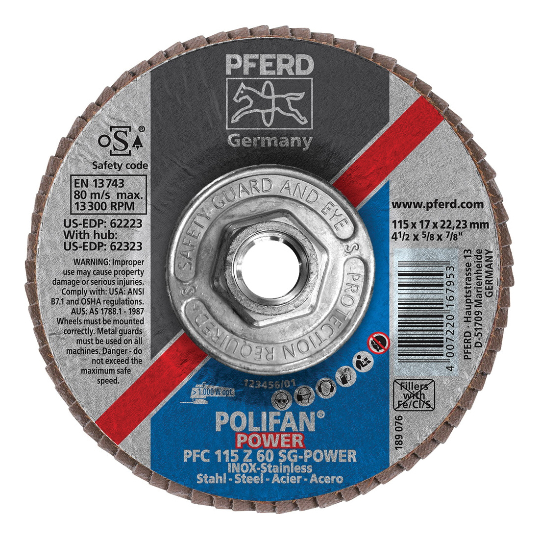 PFERD Polifan® 62323 Performance Line SG Z-Power Threaded Coated Abrasive Flap Disc, 4-1/2 in Dia, 60 Grit, Zirconia Alumina Abrasive, Type 29 Conical Disc