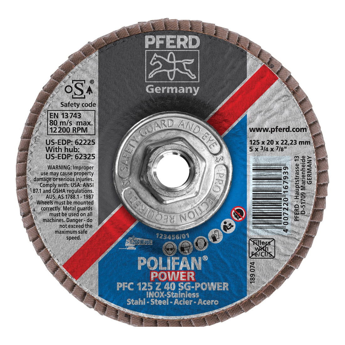 PFERD Polifan® 62325 Performance Line SG Z-Power Threaded Coated Abrasive Flap Disc, 5 in Dia, 40 Grit, Zirconia Alumina Abrasive, Type 29 Conical Disc