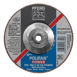 PFERD Polifan® 62328 Performance Line SG Z-Power Threaded Coated Abrasive Flap Disc, 7 in Dia, 40 Grit, Zirconia Alumina Abrasive, Type 29 Conical Disc