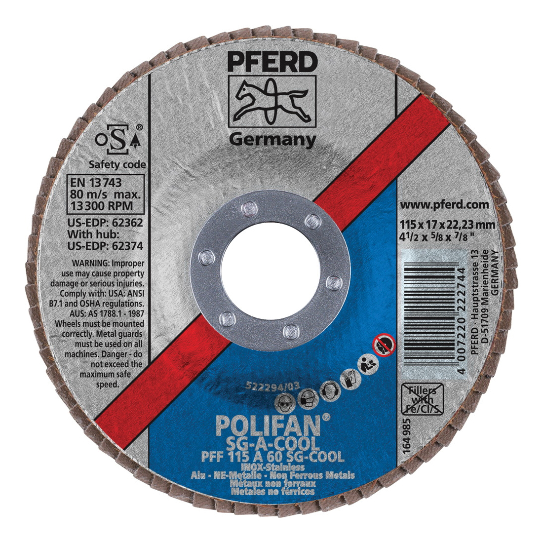 PFERD Polifan® 62362 Performance Line SG A-COOL Unthreaded Coated Abrasive Flap Disc, 4-1/2 in Dia, 7/8 in Center Hole, 60 Grit, Aluminum Oxide Abrasive, Type 27 Flat Disc