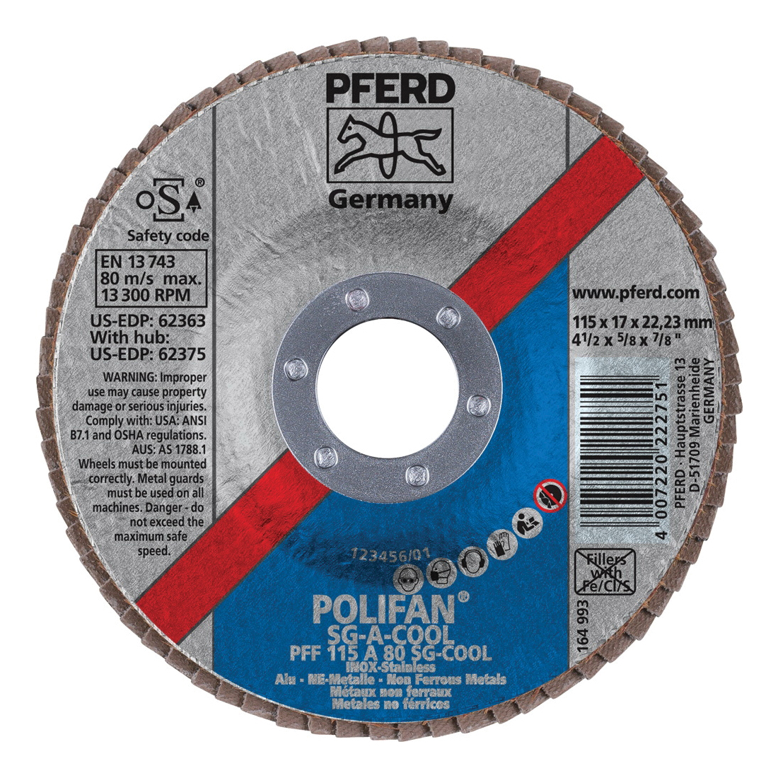 PFERD Polifan® 62363 Performance Line SG A-COOL Unthreaded Coated Abrasive Flap Disc, 4-1/2 in Dia, 7/8 in Center Hole, 80 Grit, Aluminum Oxide Abrasive, Type 27 Flat Disc