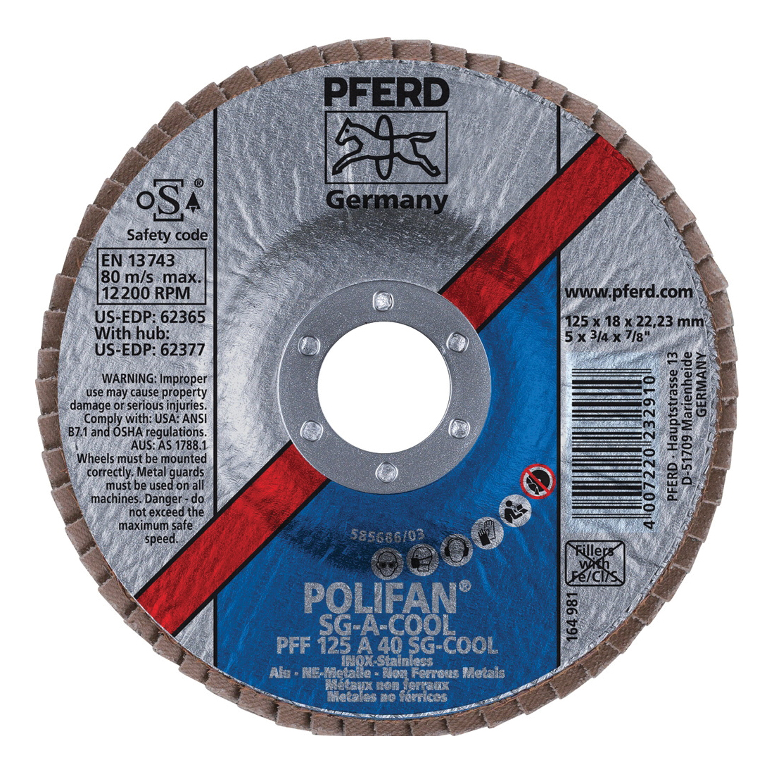 PFERD Polifan® 62365 Performance Line SG A-COOL Unthreaded Coated Abrasive Flap Disc, 5 in Dia, 7/8 in Center Hole, 40 Grit, Aluminum Oxide Abrasive, Type 27 Flat Disc
