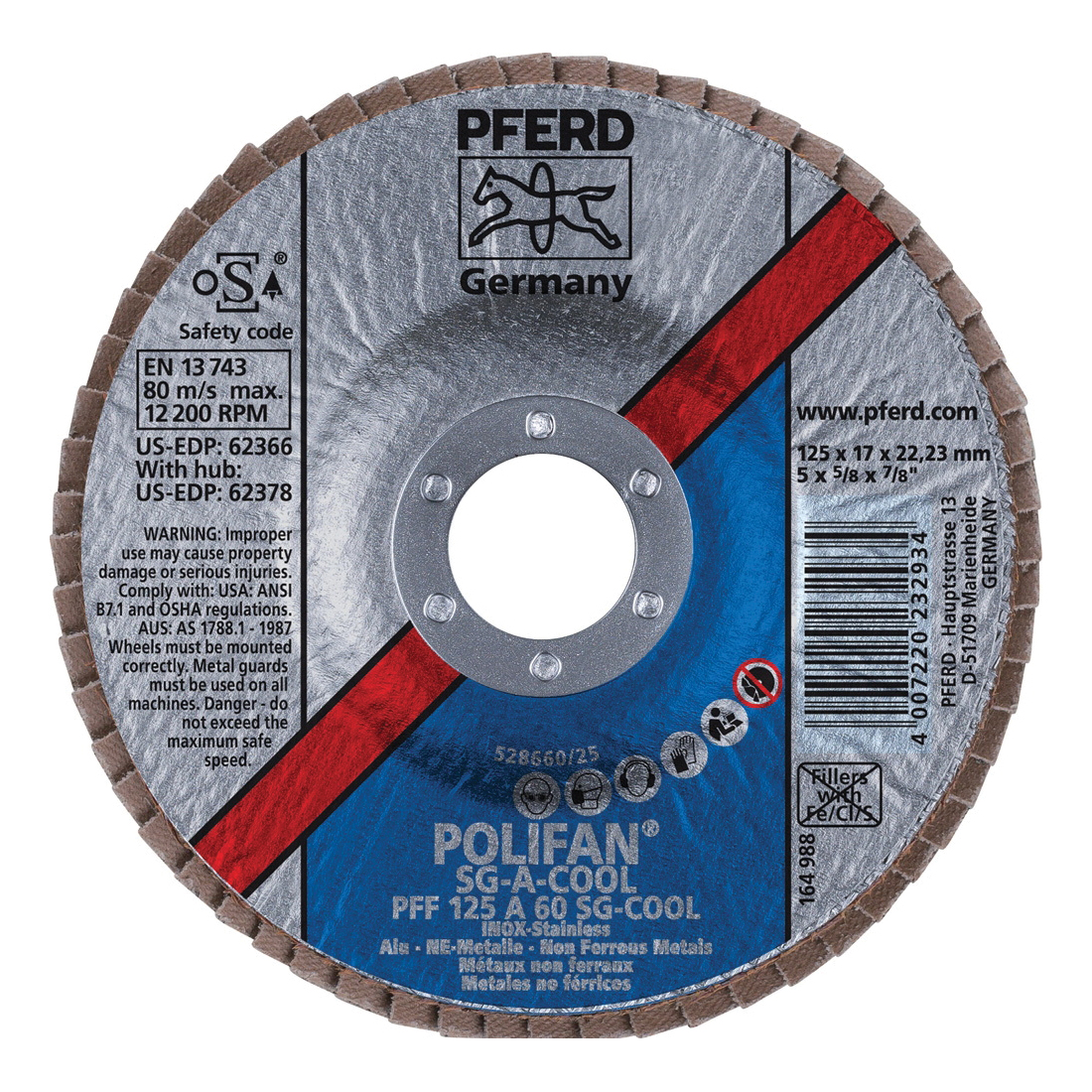 PFERD Polifan® 62366 Performance Line SG A-COOL Unthreaded Coated Abrasive Flap Disc, 5 in Dia, 7/8 in Center Hole, 60 Grit, Aluminum Oxide Abrasive, Type 27 Flat Disc