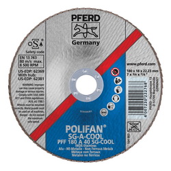 PFERD Polifan® 62369 Performance Line SG A-COOL Unthreaded Coated Abrasive Flap Disc, 7 in Dia, 7/8 in Center Hole, 40 Grit, Aluminum Oxide Abrasive, Type 27 Flat Disc