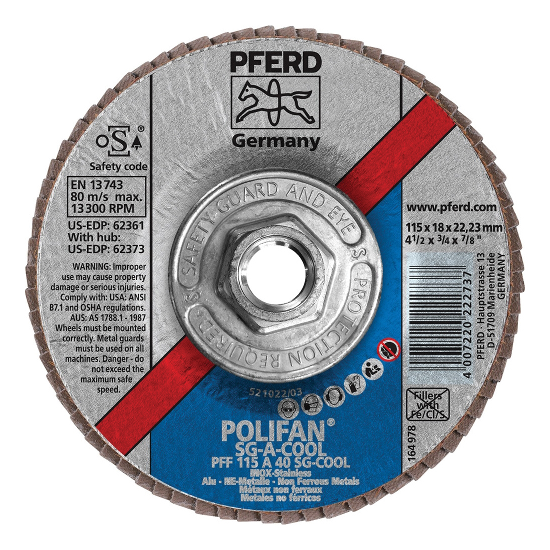 PFERD Polifan® 62373 Performance Line SG A-COOL Threaded Coated Abrasive Flap Disc, 4-1/2 in Dia, 40 Grit, Aluminum Oxide Abrasive, Type 27 Flat Disc