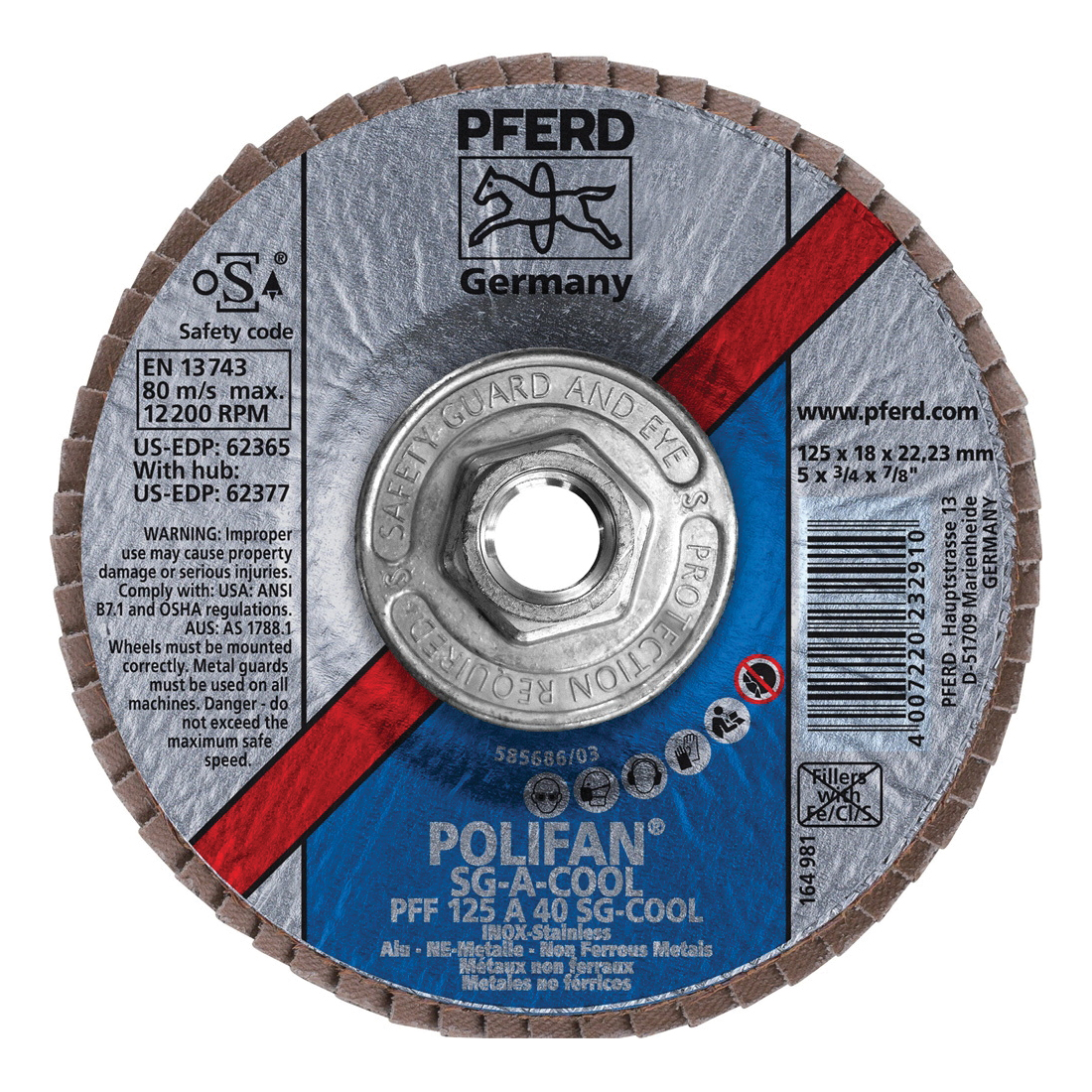 PFERD Polifan® 62377 Performance Line SG A-COOL Threaded Coated Abrasive Flap Disc, 5 in Dia, 40 Grit, Aluminum Oxide Abrasive, Type 27 Flat Disc