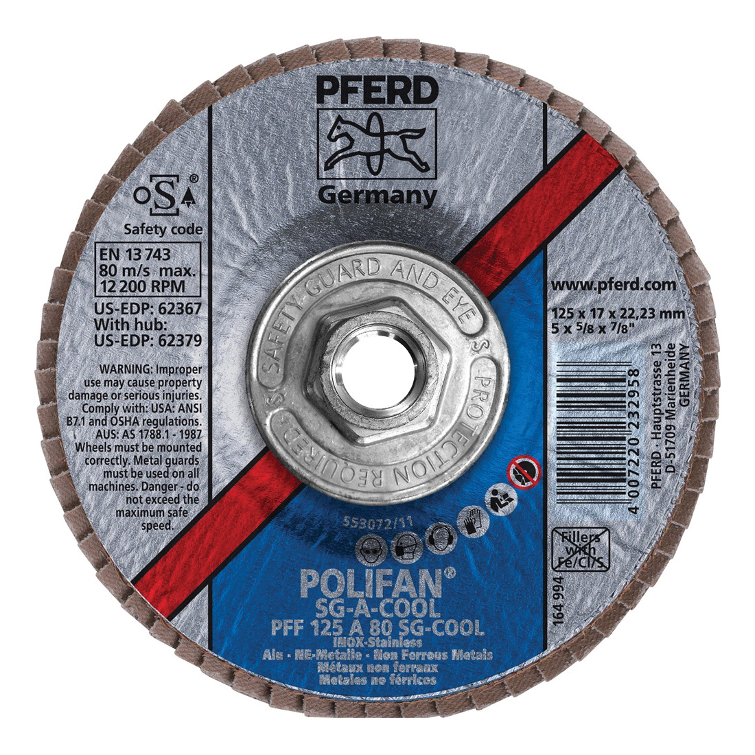 PFERD Polifan® 62379 Performance Line SG A-COOL Threaded Coated Abrasive Flap Disc, 5 in Dia, 80 Grit, Aluminum Oxide Abrasive, Type 27 Flat Disc