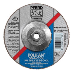 PFERD Polifan® 62381 Performance Line SG A-COOL Threaded Coated Abrasive Flap Disc, 7 in Dia, 40 Grit, Aluminum Oxide Abrasive, Type 27 Flat Disc