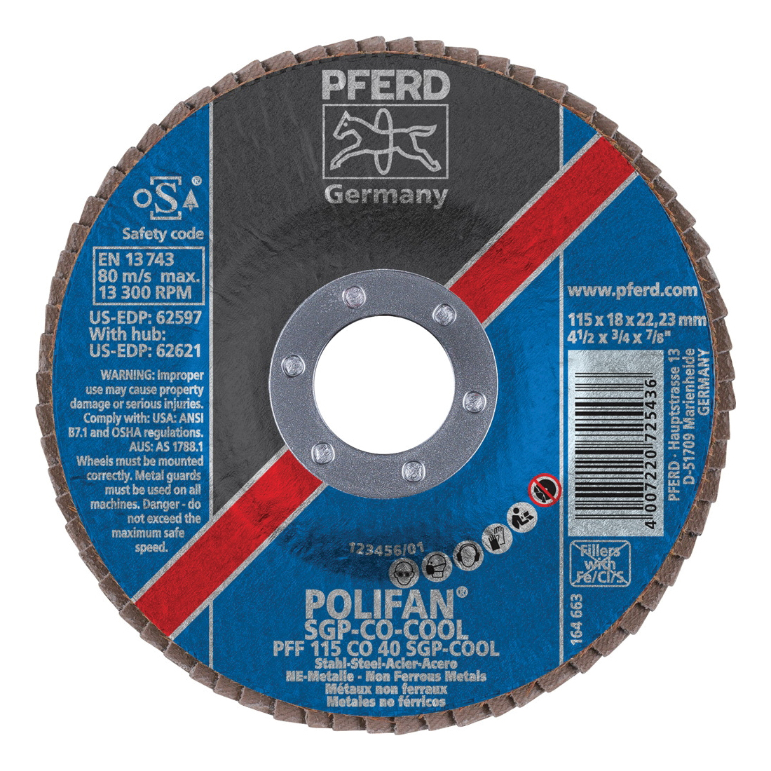 PFERD Polifan® 62597 Special Line SGP CO-COOL Unthreaded Coated Abrasive Flap Disc, 4-1/2 in Dia, 7/8 in Center Hole, 40 Grit, Ceramic Oxide Abrasive, Type 27 Flat Disc