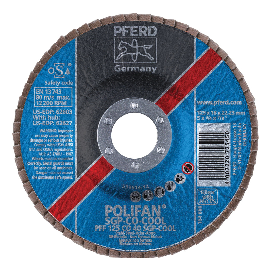 PFERD Polifan® 62603 Special Line SGP CO-COOL Unthreaded Coated Abrasive Flap Disc, 5 in Dia, 7/8 in Center Hole, 40 Grit, Ceramic Oxide Abrasive, Type 27 Flat Disc
