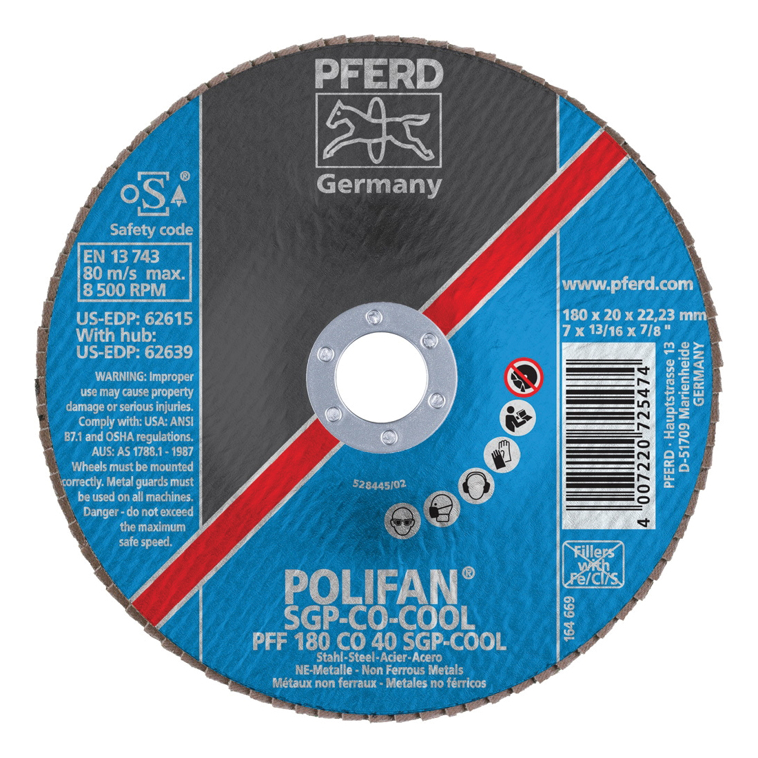PFERD Polifan® 62615 Special Line SGP CO-COOL Unthreaded Coated Abrasive Flap Disc, 7 in Dia, 7/8 in Center Hole, 40 Grit, Ceramic Oxide Abrasive, Type 27 Flat Disc