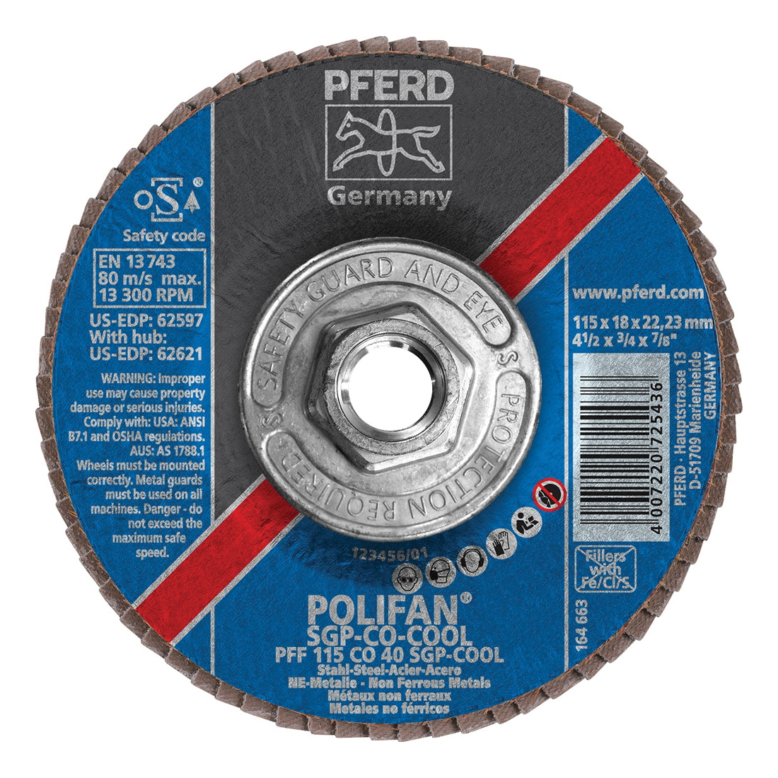 PFERD Polifan® 62621 Special Line SGP CO-COOL Threaded Coated Abrasive Flap Disc, 4-1/2 in Dia, 40 Grit, Ceramic Oxide Abrasive, Type 27 Flat Disc