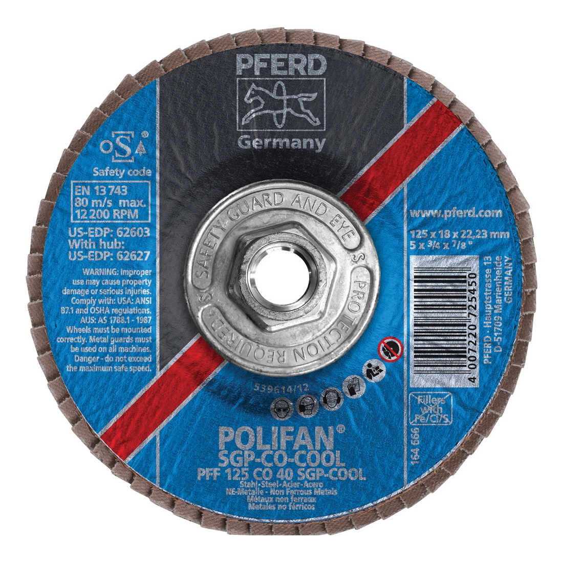 PFERD Polifan® 62627 Special Line SGP CO-COOL Threaded Coated Abrasive Flap Disc, 5 in Dia, 40 Grit, Ceramic Oxide Abrasive, Type 27 Flat Disc