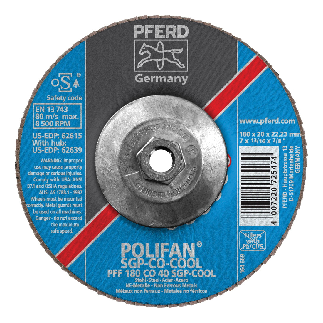 PFERD Polifan® 62639 Special Line SGP CO-COOL Threaded Coated Abrasive Flap Disc, 7 in Dia, 40 Grit, Ceramic Oxide Abrasive, Type 27 Flat Disc