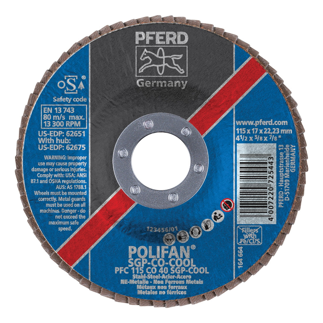 PFERD Polifan® 62651 Special Line SGP CO-COOL Unthreaded Coated Abrasive Flap Disc, 4-1/2 in Dia, 7/8 in Center Hole, 40 Grit, Ceramic Oxide Abrasive, Type 29 Conical Disc