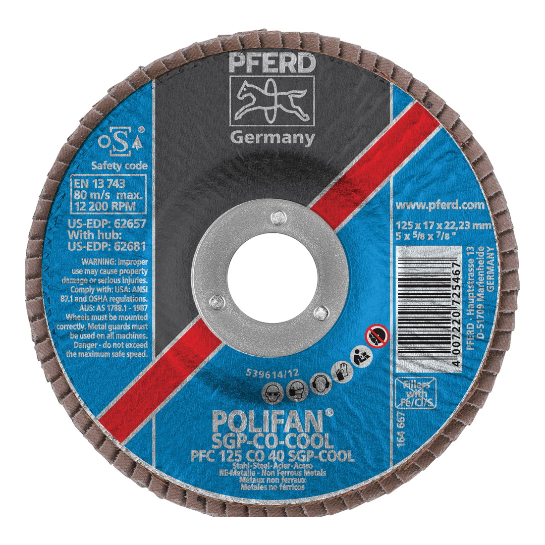 PFERD Polifan® 62657 Special Line SGP CO-COOL Unthreaded Coated Abrasive Flap Disc, 5 in Dia, 7/8 in Center Hole, 40 Grit, Ceramic Oxide Abrasive, Type 29 Conical Disc